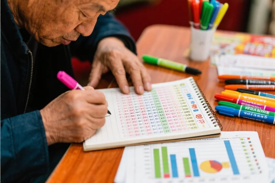 一位彩民正在笔记本前认真记录大乐透走势图上的冷热号码分布，桌上有彩色记号笔和分析图表