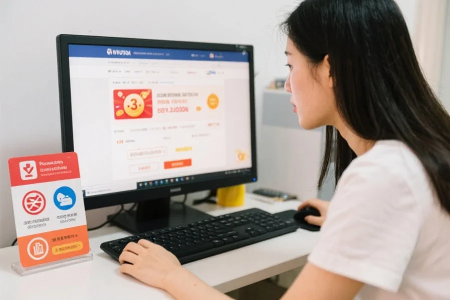 一位年轻女性在电脑前认真浏览官方网站，仔细核实中奖信息，身旁放着安全提示卡片