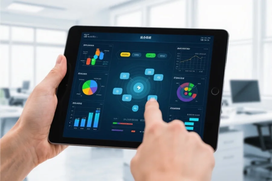 一台平板电脑上展示着多种数据组合模拟，玩家正在触控屏幕进行选择，背景为明亮的办公环境